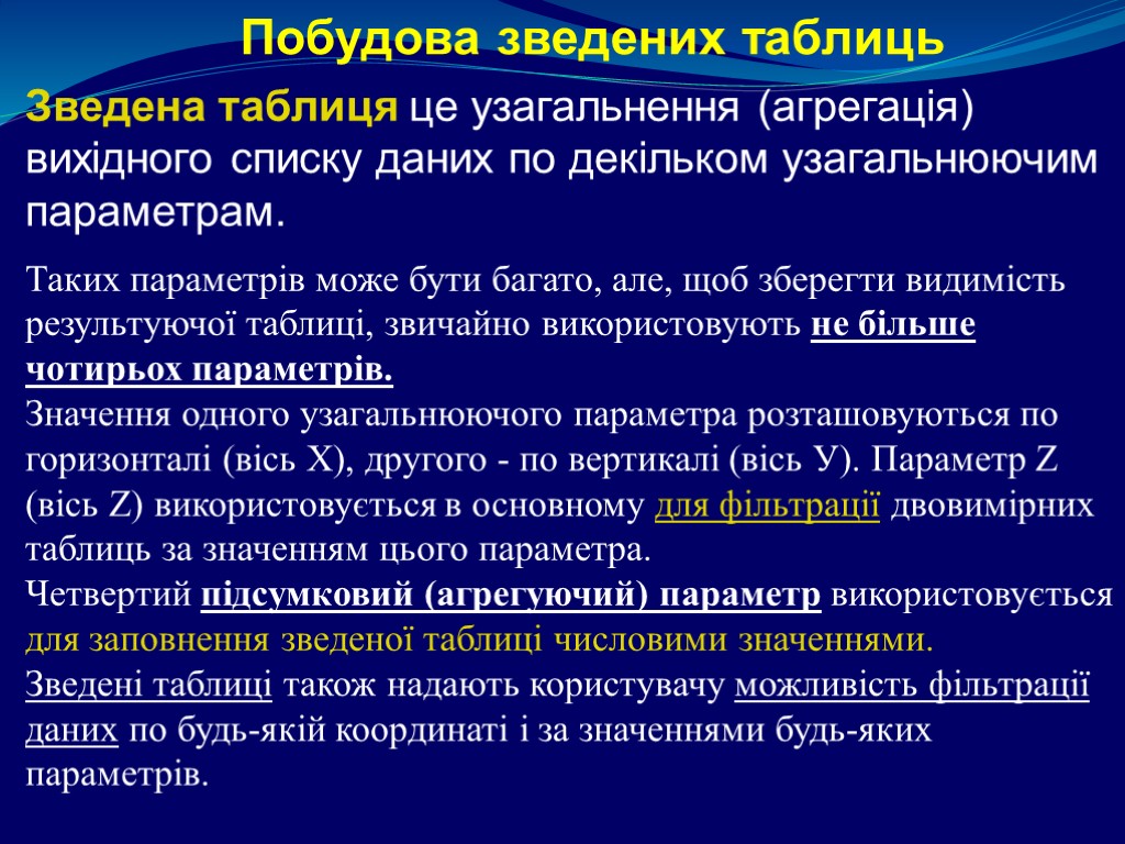 Зведена таблиця це узагальнення (агрегація) вихідного списку даних по декільком узагальнюючим параметрам. Таких параметрів